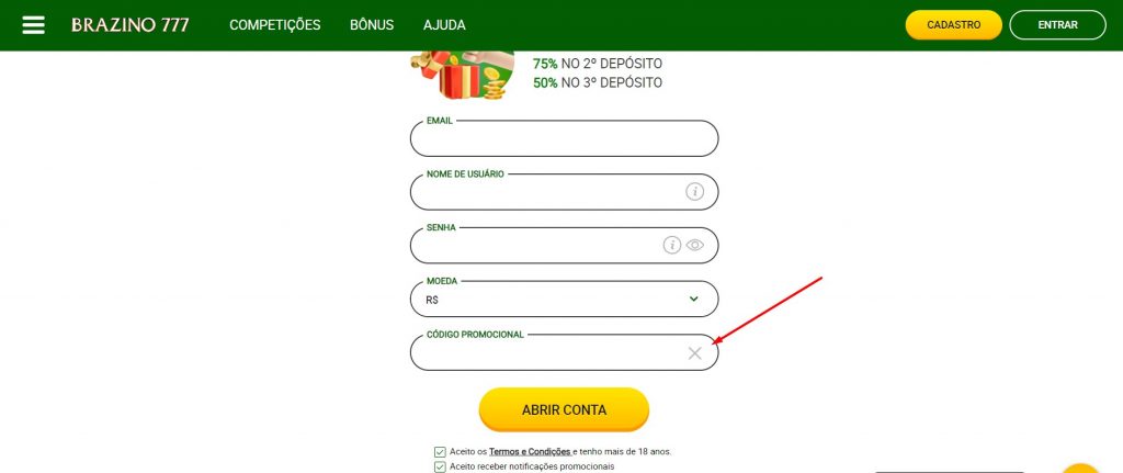 Código Promocional Brazino durante o Registro