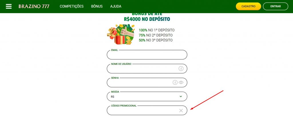 Código promocional Brazino 777 no registro