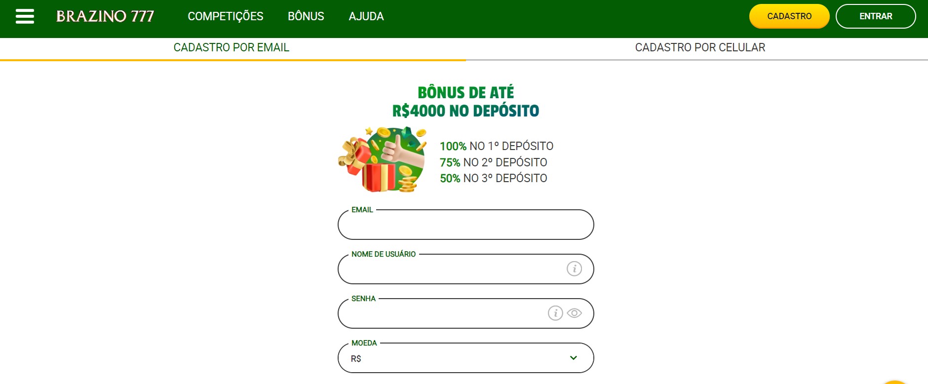 Instruções sobre como se registrar na Brazino777